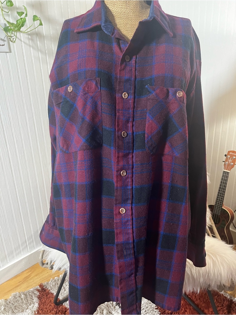 Men's vintage Arrow Sport Plaid Flannel Shirt — Burgundy & Navy